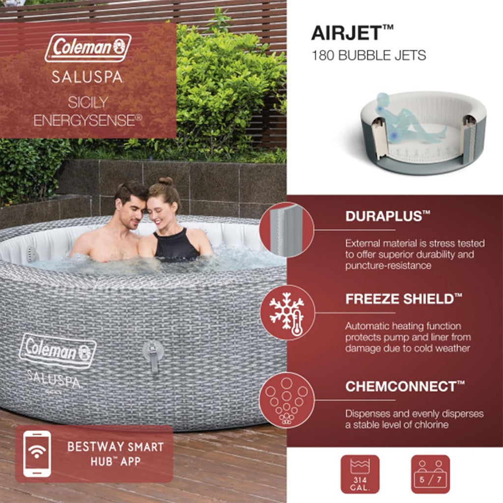Bestway Coleman Sicily AirJet Inflatable Round Hot Tub with EnergySense Cover, Gray P59351