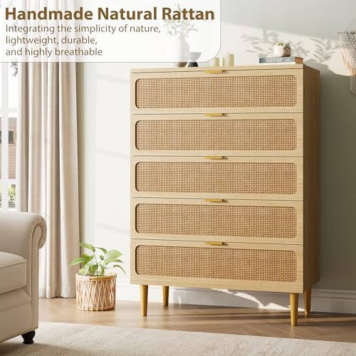 Rattan 5 Drawer Tall Dresser for Bedroom, Black V99880