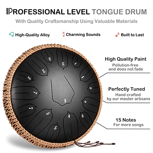 Steel Tongue Drum 14 Inch 15 Notes with Travel Bag and Mallets, C Major B537