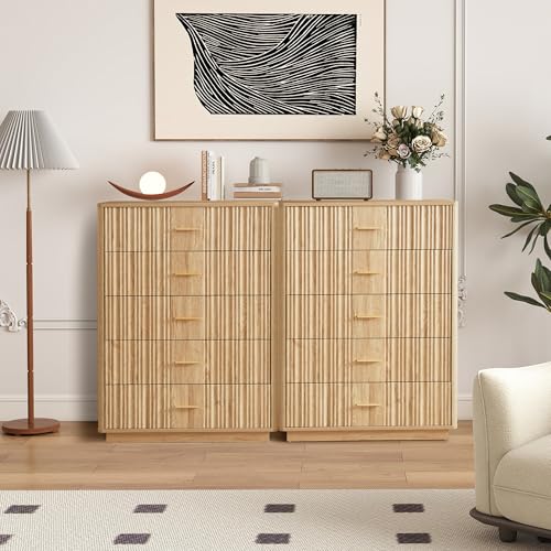 Fluted 5 Drawers Dresser for Bedroom, Wooden Tall Storage, Walnut L1075