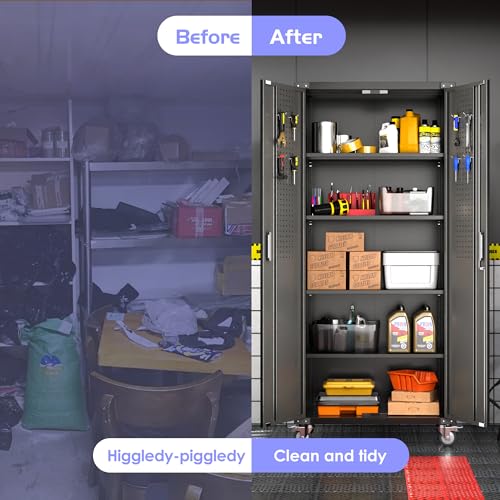 Aobabo 73''H Metal Garage Storage Cabinet with Wheels, Black S572804