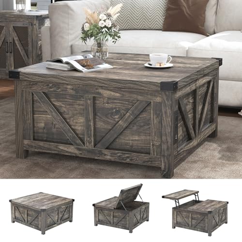 Farmhouse Lift Top Coffee Table with Storage and Charging Station, Brown J61149