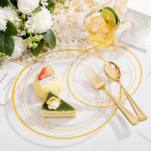 bUCLA 300PCS Gold Disposable Dinnerware Set - White and Gold Plastic Plates for Party S185