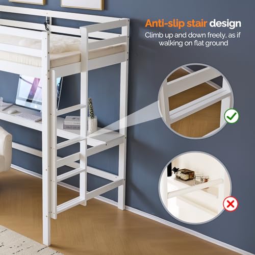 VINGLI Twin Loft Bed with L-Shaped Desk, 3 Storage Drawers, Solid Wood, White W24917