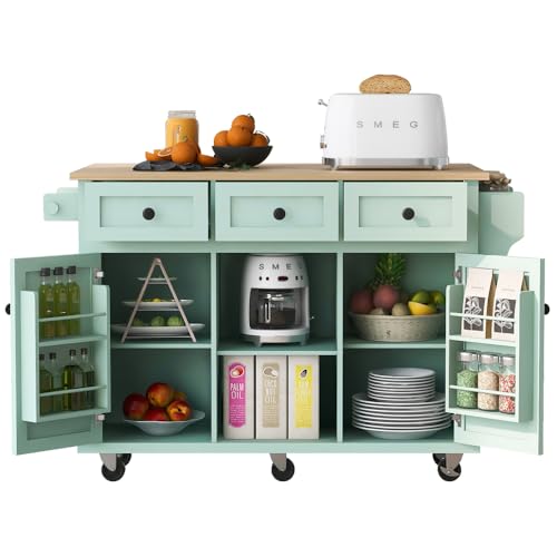 Rolling Kitchen Island on Wheels with Storage Cabinet and Drawers, Island Table for Kitchen with Towel and Spice Rack, Kitchen Cart with Drop Leaf for Dining Room (Type D. White)