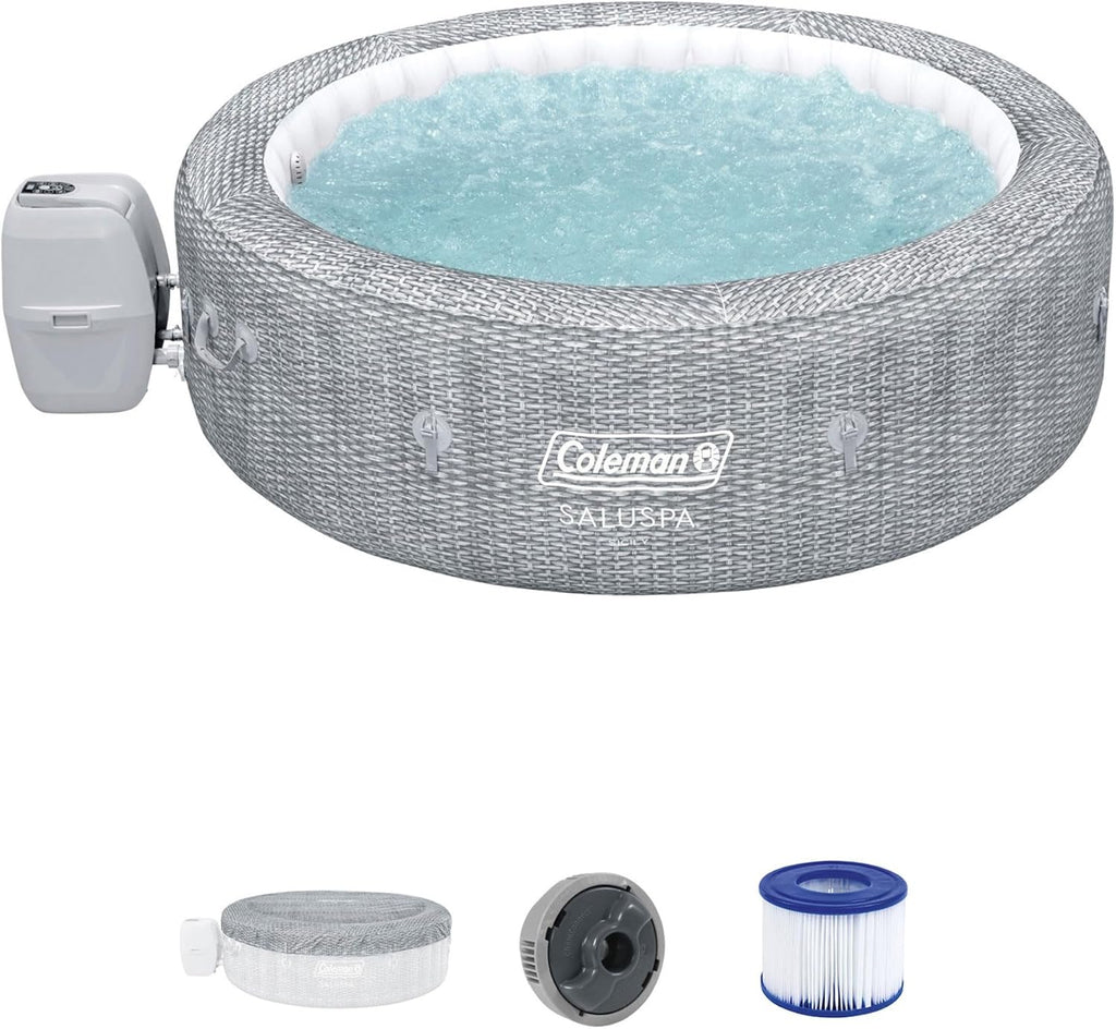 Bestway Coleman Sicily AirJet Inflatable Round Hot Tub with EnergySense Cover, Gray P59351