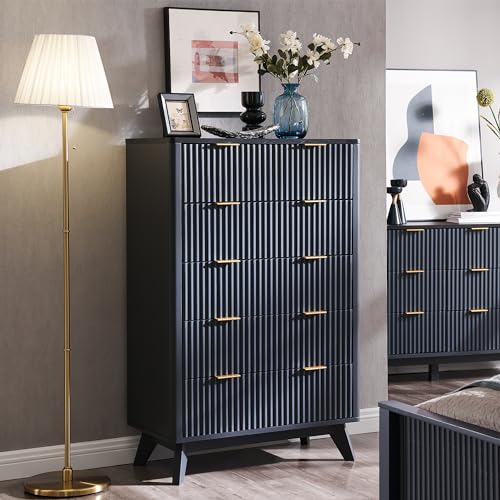 T4TREAM 5 Drawer Dresser with Faux Marble Top, Dark Grey T583