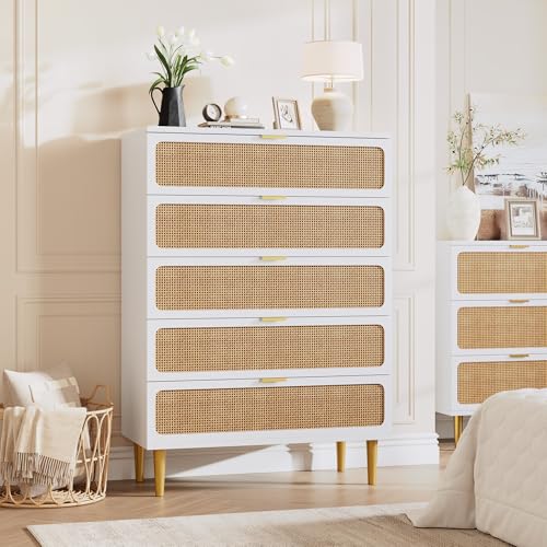 Rattan 5 Drawer Tall Dresser for Bedroom, Black V99880