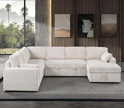 L-Shaped Pull Out Sleep Sofabed with Storage Chaise, Chenille Upholstered X30892