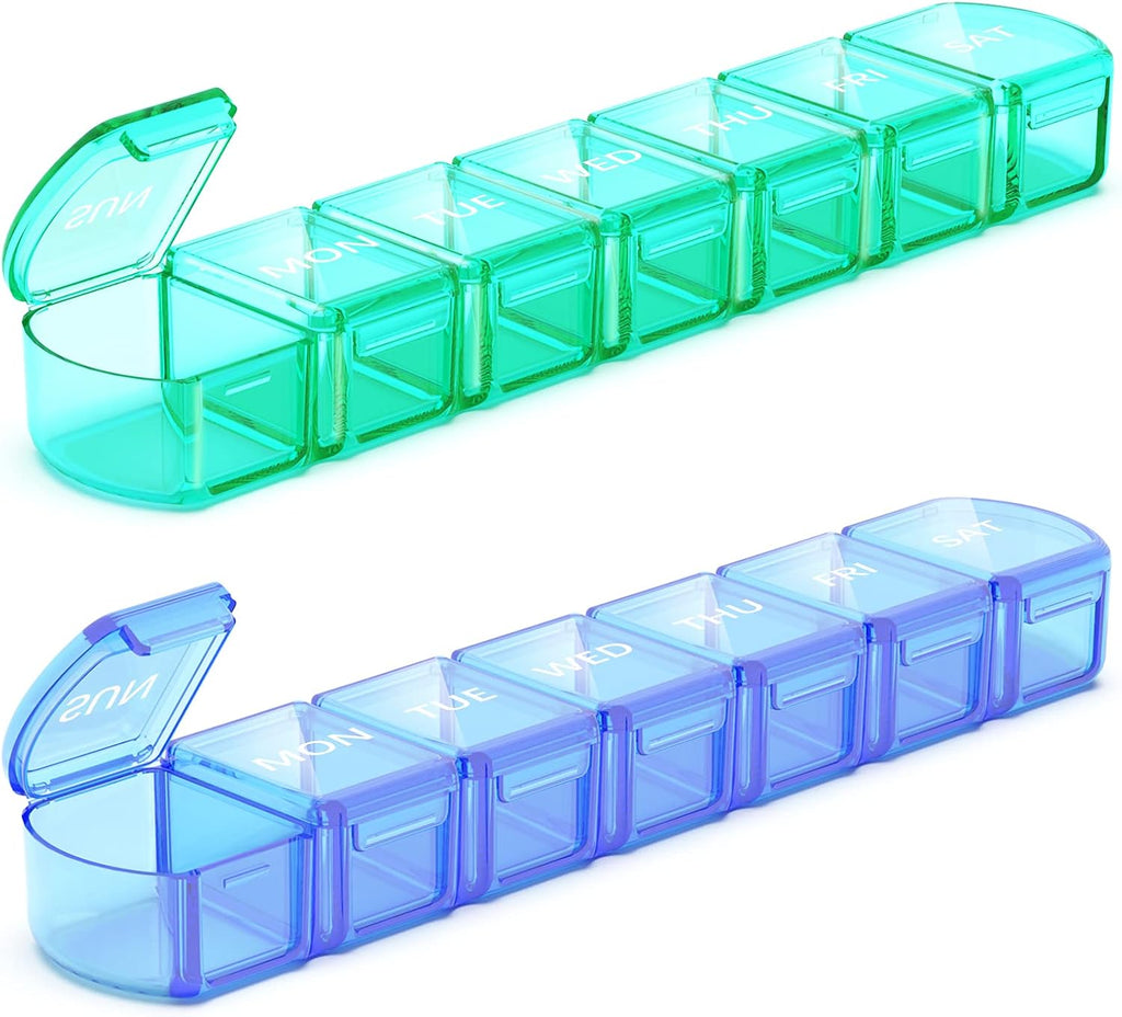 Extra Large Pill Organizer 2 Pack, XL Pill Box 7 Day, Weekly Pill Case with Large Capacity, Jumbo Organizer, BPA Free (Blue+Green)