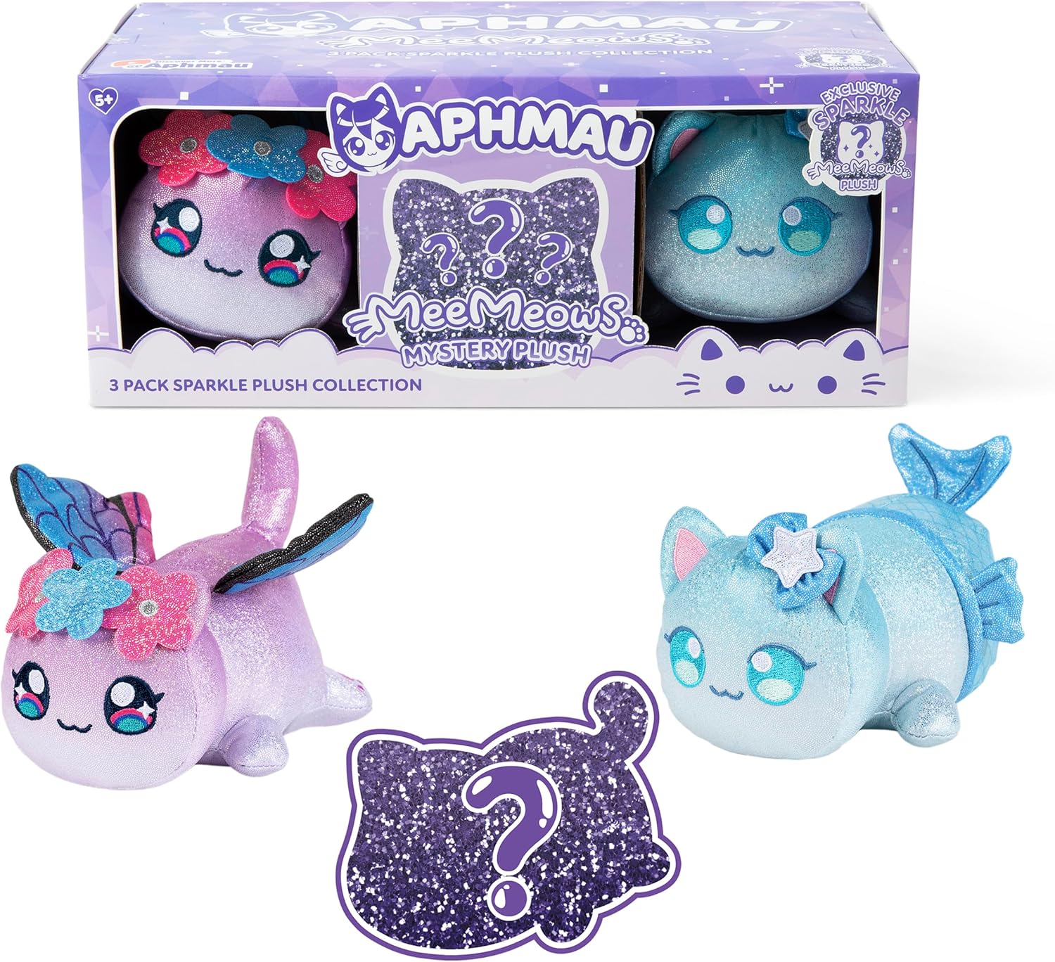 Aphmau 6” MeeMeow Plush Sparkle Collection 3-Pack, Surprise Box That Includes 2 Sparkle Plush + 1 Mystery Plush, Official Merch