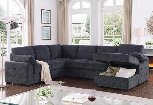 L-Shaped Pull Out Sleep Sofabed with Storage Chaise, Chenille Upholstered X30892