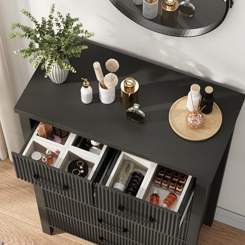 Fluted 6 Drawers Dresser for Bedroom, Tall Boho Chest with Metal Handle, Natural Oak S427