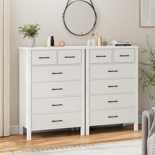 Fluted 6 Drawers Dresser for Bedroom, Tall Boho Chest with Metal Handle, Natural Oak S427
