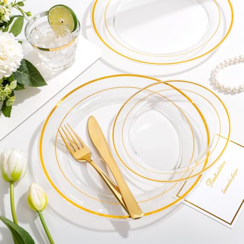 bUCLA 300PCS Gold Disposable Dinnerware Set - White and Gold Plastic Plates for Party S185