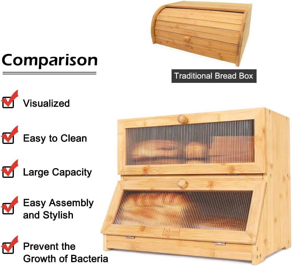 Double Layer Bamboo Bread Box for Kitchen Counter with Window Y937388