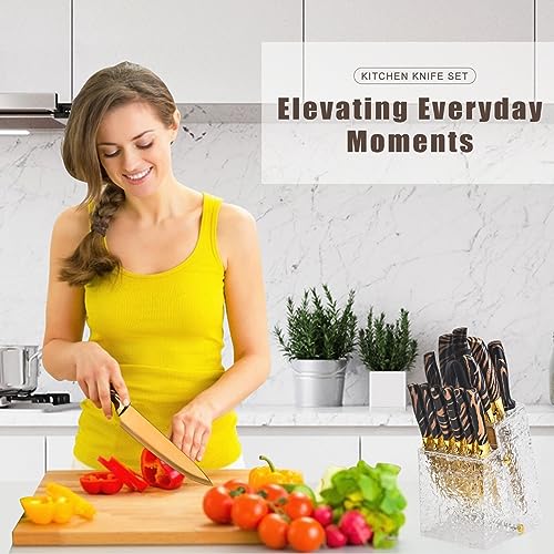Gold Knife Block Set with Acrylic Stand, 14Pcs Stainless Steel Kitchen Knives U2598