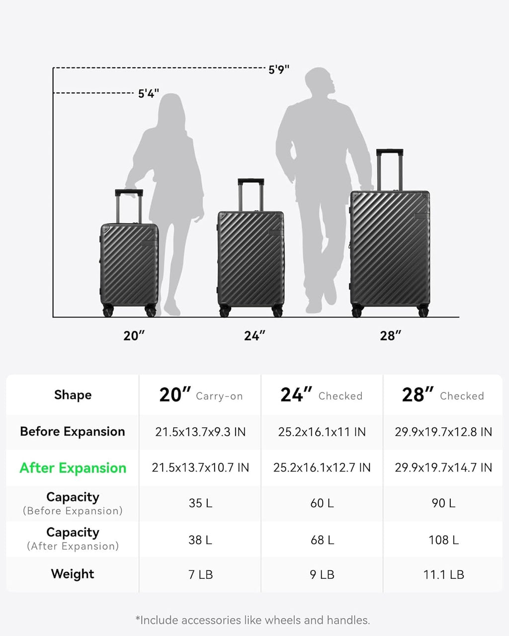 LUGGEX Carry On Luggage Set 2 Piece Polycarbonate Hard Suitcases with Wheels Black P563