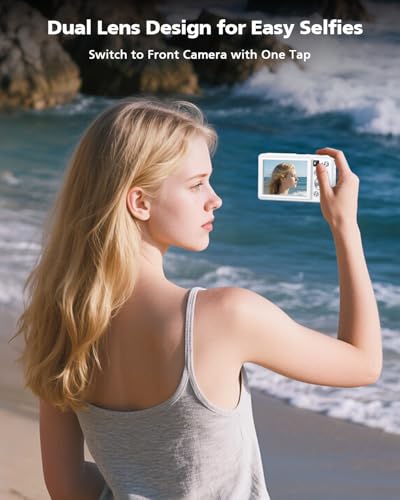 4K 64MP Autofocus Vlogging Camera with Front Rear Lens, 16X Zoom, White T3704