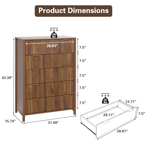 Fluted 5 Drawers Dresser for Bedroom, Wooden Tall Storage, Walnut L1075