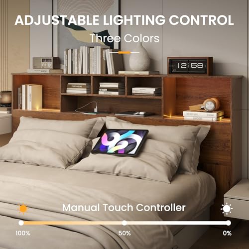 King Size Bed Headboard with LED Light and Storage Bookcase H72493