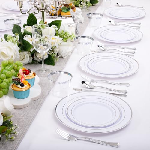 bUCLA 300PCS Gold Disposable Dinnerware Set - White and Gold Plastic Plates for Party S185