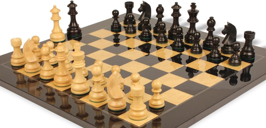 German Knight Staunton Chess Set Ebonized & Boxwood Pieces with Ash Burl Board - 3.75" King H98214