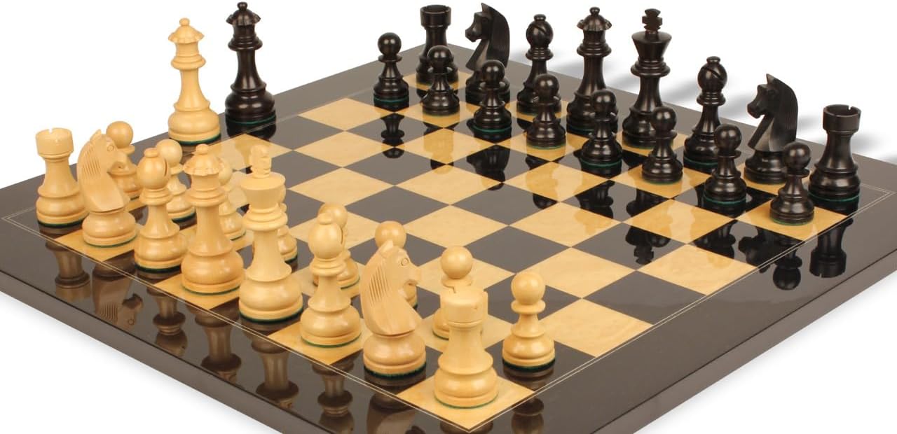 German Knight Staunton Chess Set Ebonized & Boxwood Pieces with Ash Burl Board - 3.75" King H98214