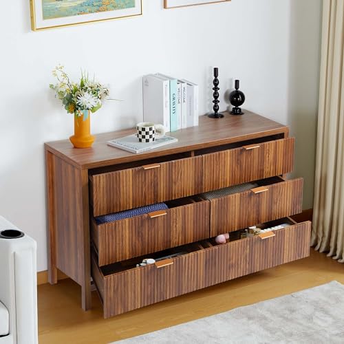 Fluted 5 Drawers Dresser for Bedroom, Wooden Tall Storage, Walnut L1075