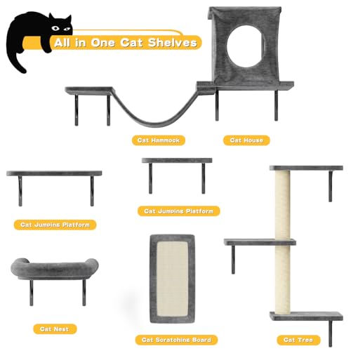 NUNU LAB Wall Mounted Cat Climber Set with House, Tunnel, Scratcher, Black M305
