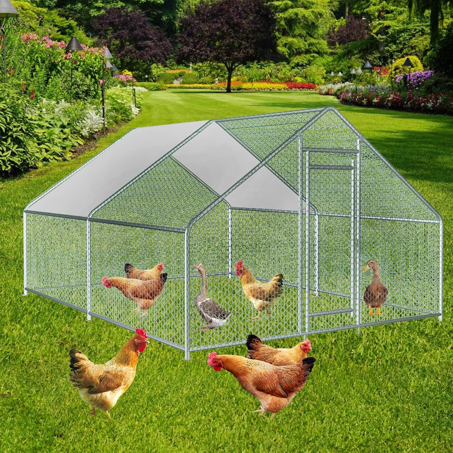 13x10x6.5 FT Metal Chicken Coop Walk-in Run with Waterproof Cover M5091