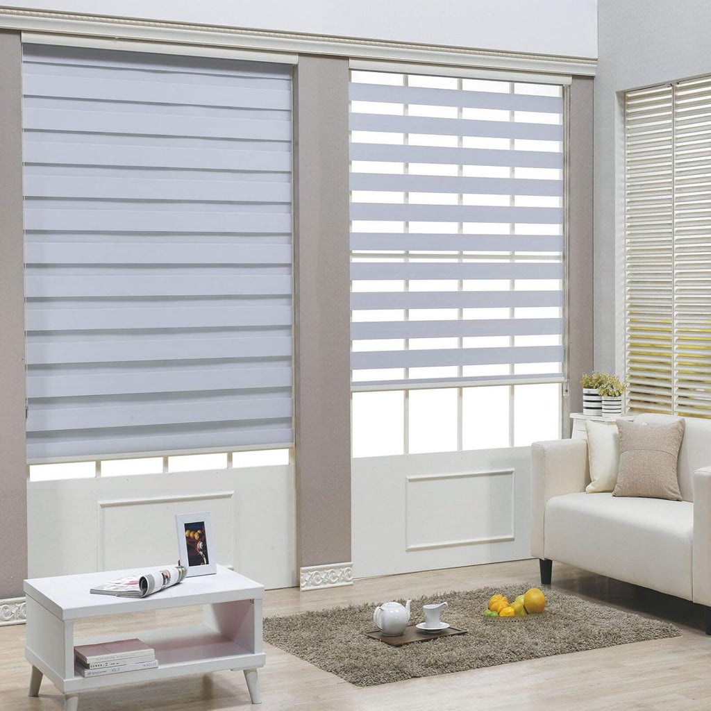 HTTMT- Zebra Roller Blinds [(W) 20“ x (H) 72”] White, Cordless, Dual Layer Shades, Sheer or Privacy Light Control, Day and Night Window Drapes, Easy to Install, Striped Dove [P/N: ET-ZB-W-20]