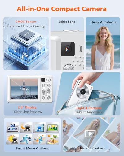 4K 64MP Autofocus Vlogging Camera with Front Rear Lens, 16X Zoom, White T3704