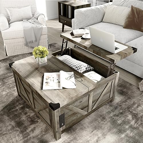 Farmhouse Lift Top Coffee Table with Storage and Charging Station, Brown J61149