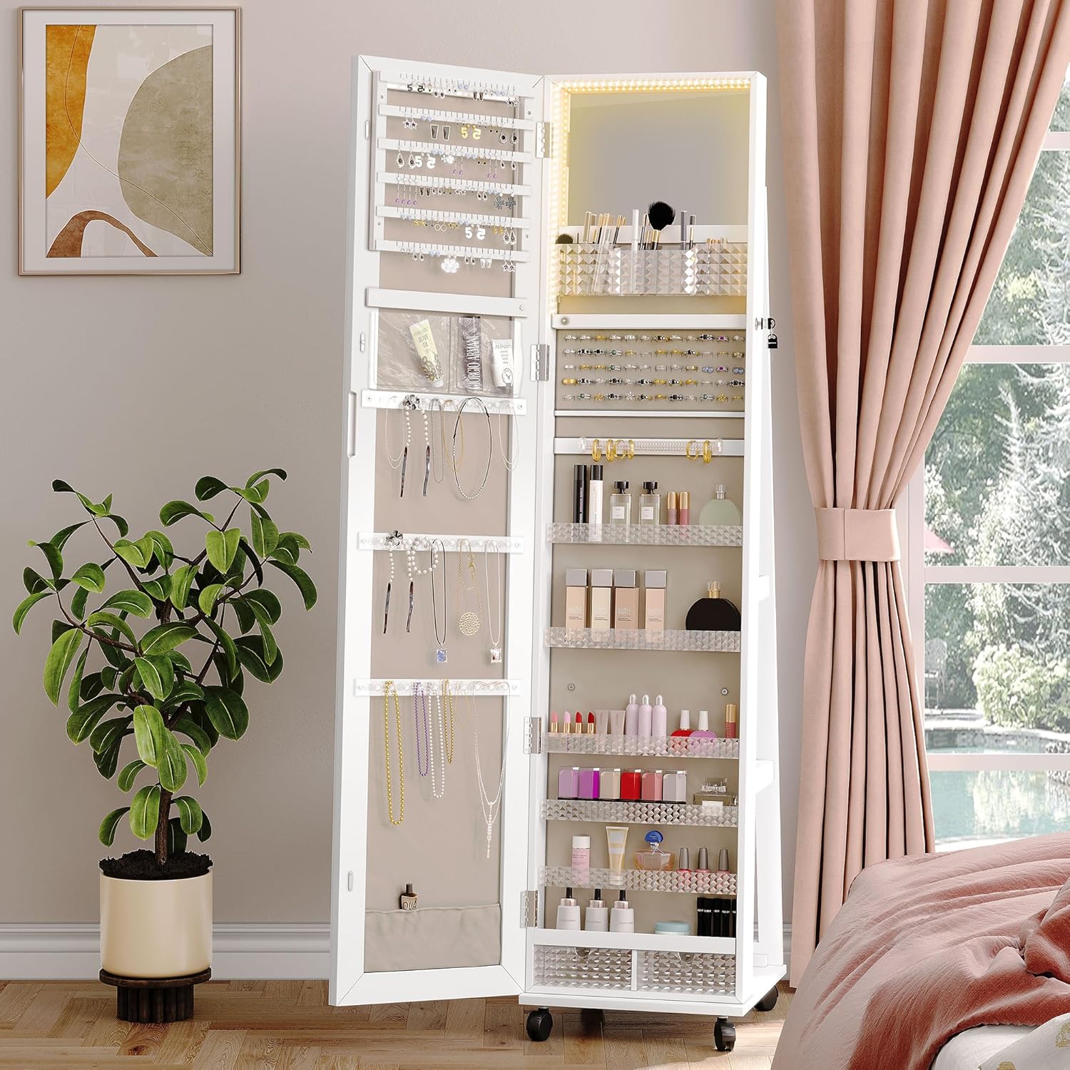YITAHOME Mirror Jewelry Cabinet with Lights, Lockable Standing Armoire on Wheels, White A411