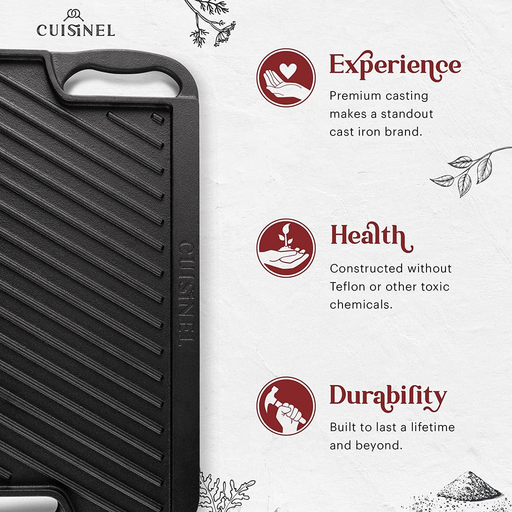 Cast Iron Griddle Grill with Scraper, Reversible Pre-Seasoned 16.75" x 9.5" Dual Handle Skillet F930