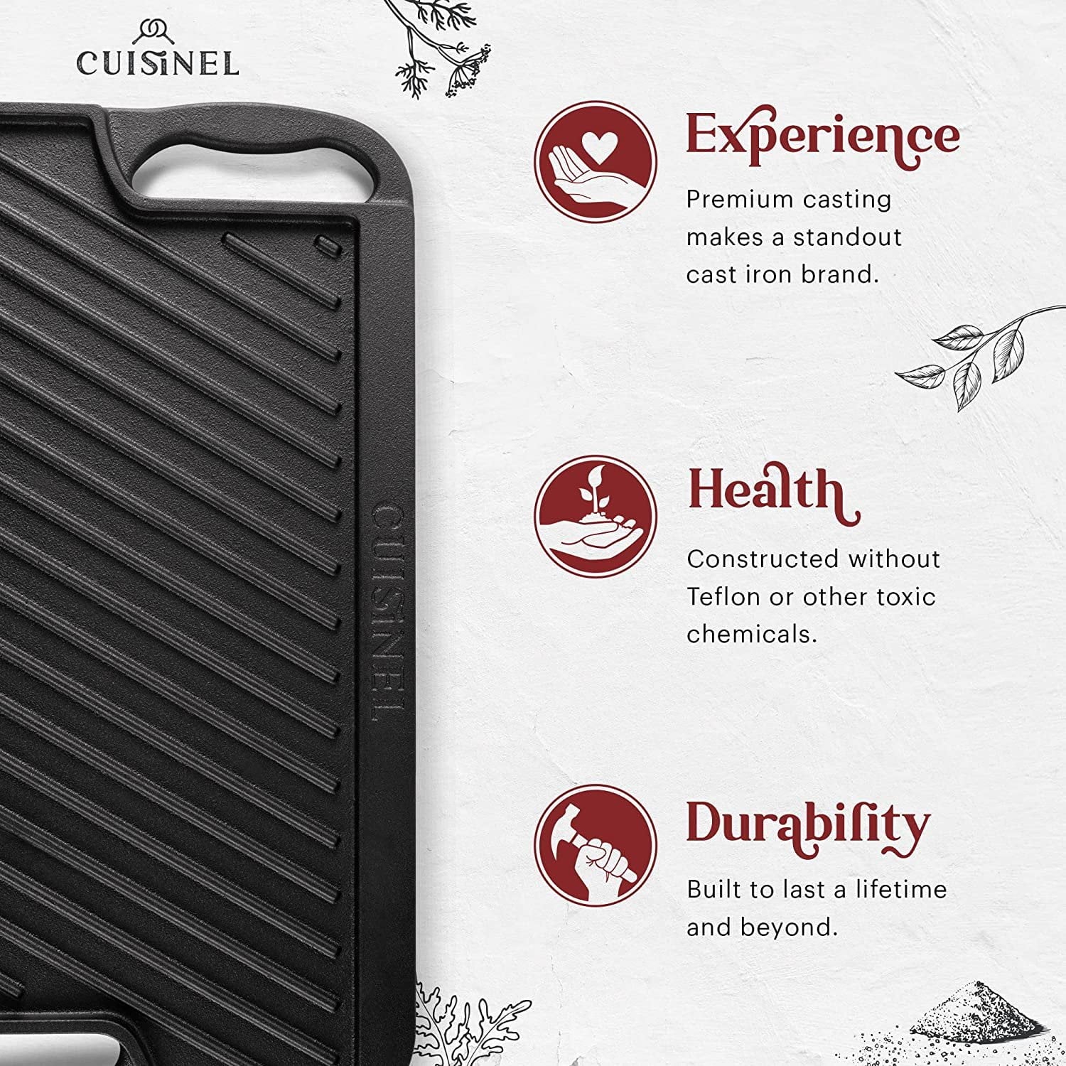 Cast Iron Griddle Grill with Scraper, Reversible Pre-Seasoned 16.75" x 9.5" Dual Handle Skillet F930