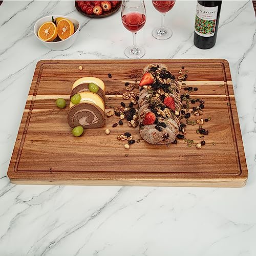LinTimes XL Acacia Wood Cutting Board with Juice Groove & Handles, 20x15 In B9919