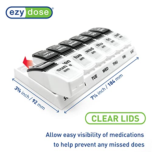 EZY DOSE Weekly 7-Day AM/PM Pill Case, Large Pop-Out Compartments, Black and Clear Lids O323
