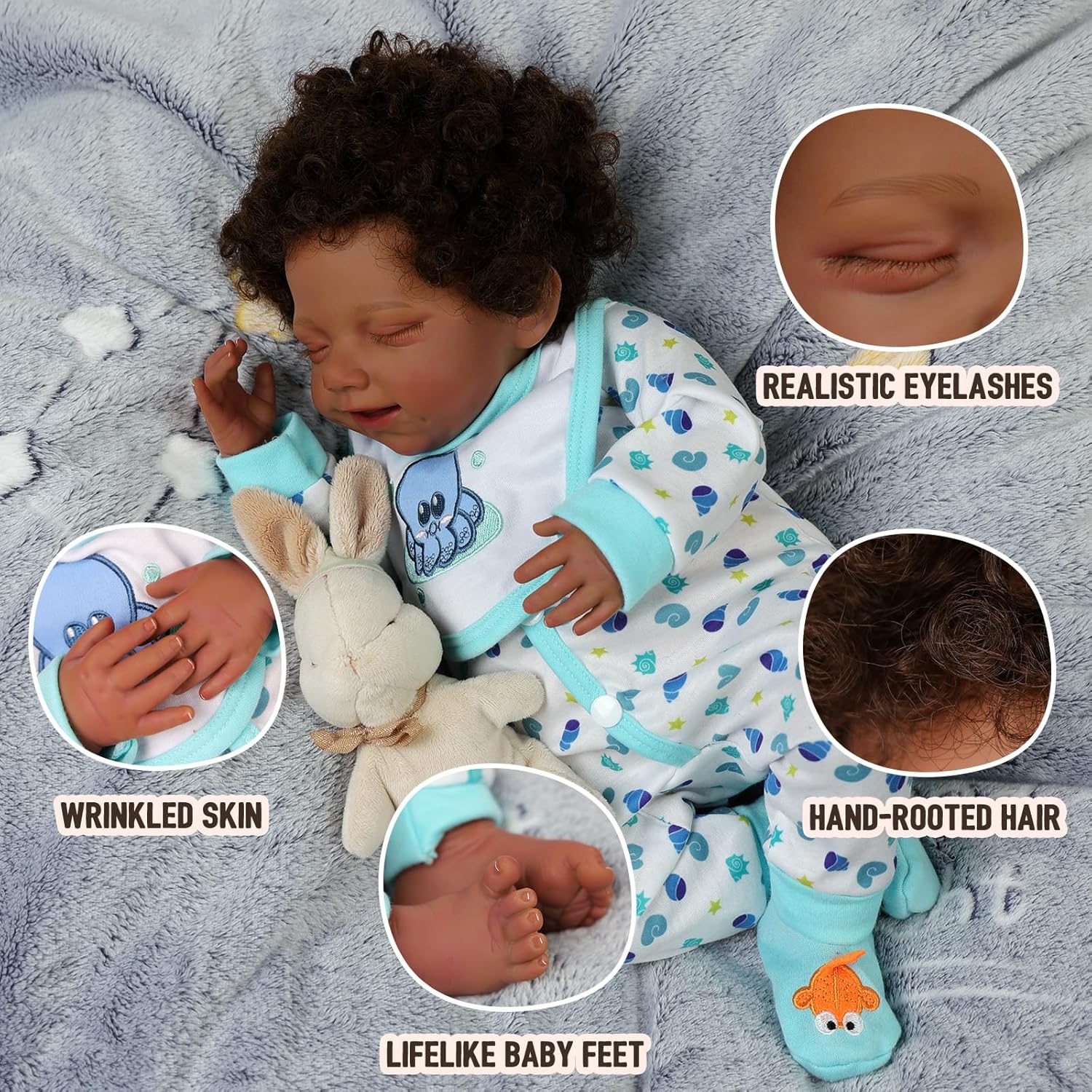BABESIDE Lifelike Reborn Black Boy Doll 20 Inch Soft Body Realistic Vinyl Head N10732
