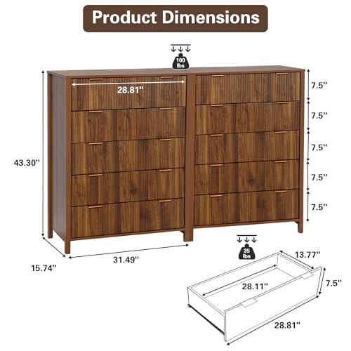 Fluted 5 Drawers Dresser for Bedroom, Wooden Tall Storage, Walnut L1075