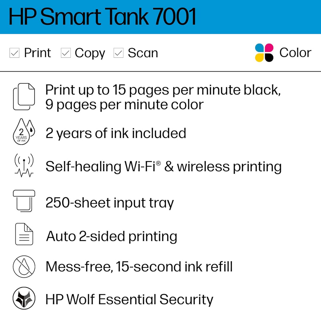 HP Smart Tank 7001 Wireless All-in-One Ink Tank Printer with Mobile Print, Scan, Copy A2098