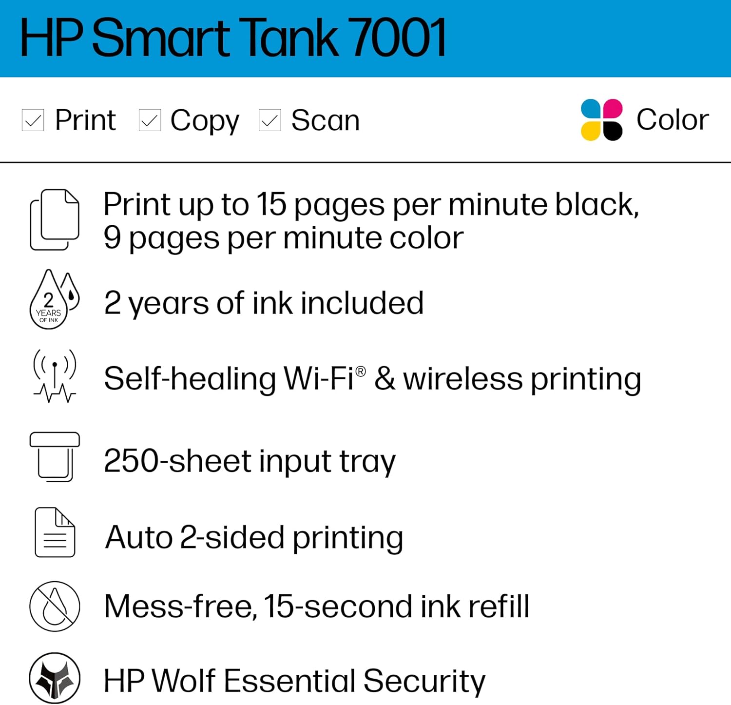 HP Smart Tank 7001 Wireless All-in-One Ink Tank Printer with Mobile Print, Scan, Copy A2098