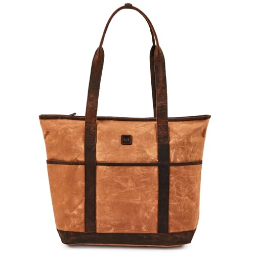 Wise Owl Accessories Tote Bag for Women Real Leather Shoulder Handbag Organizer Water Repellent Waxed Canvas