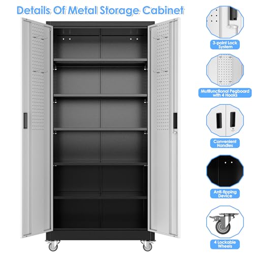 Aobabo 73''H Metal Garage Storage Cabinet with Wheels, Black S572804