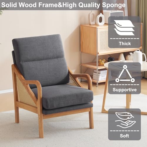 Karl home Modern Accent Chair with Rattan Woven Upholstered Lounge and Oak Wood Frame, White W3310