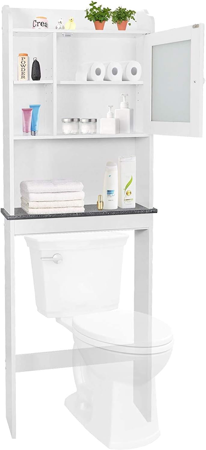 Over Toilet Bathroom Organizer 4-Tier Over The Toilet Storage Cabinet with Adjustable Shelves and Tempered Glass Door Space-Saving Toilet Shelf for Small Places White