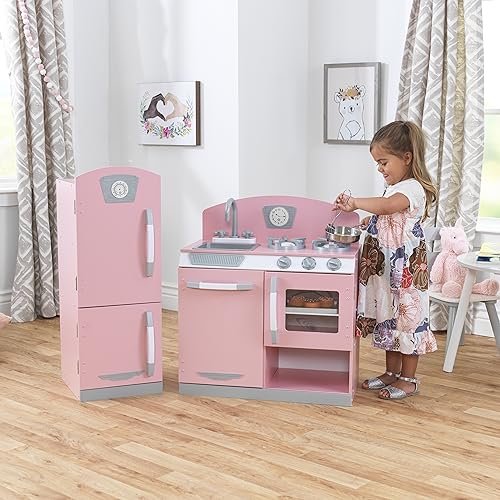KidKraft Retro Wooden Play Kitchen and Refrigerator 2-Piece Set, Pink, Ages 3+ A4546