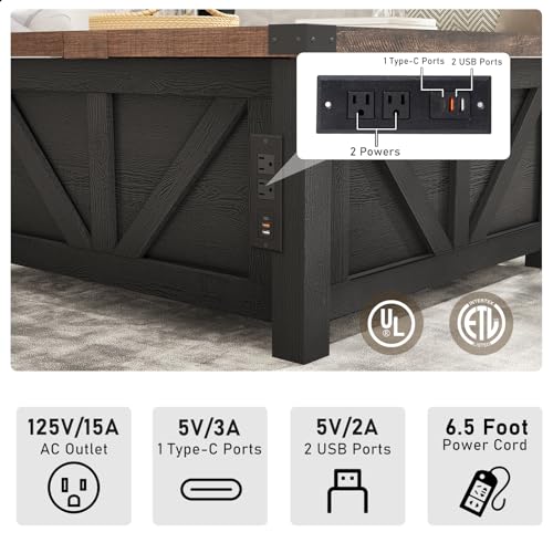 Farmhouse Lift Top Coffee Table with Storage and Charging Station, Brown J61149