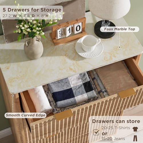 T4TREAM 5 Drawer Dresser with Faux Marble Top, Dark Grey T583